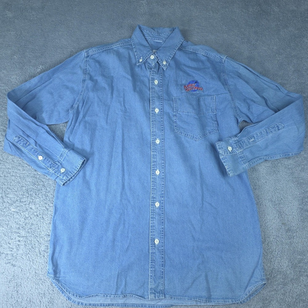Planet Hollywood Shirt Mens XL Blue Denim Long Sleeve Button Down Embroidered